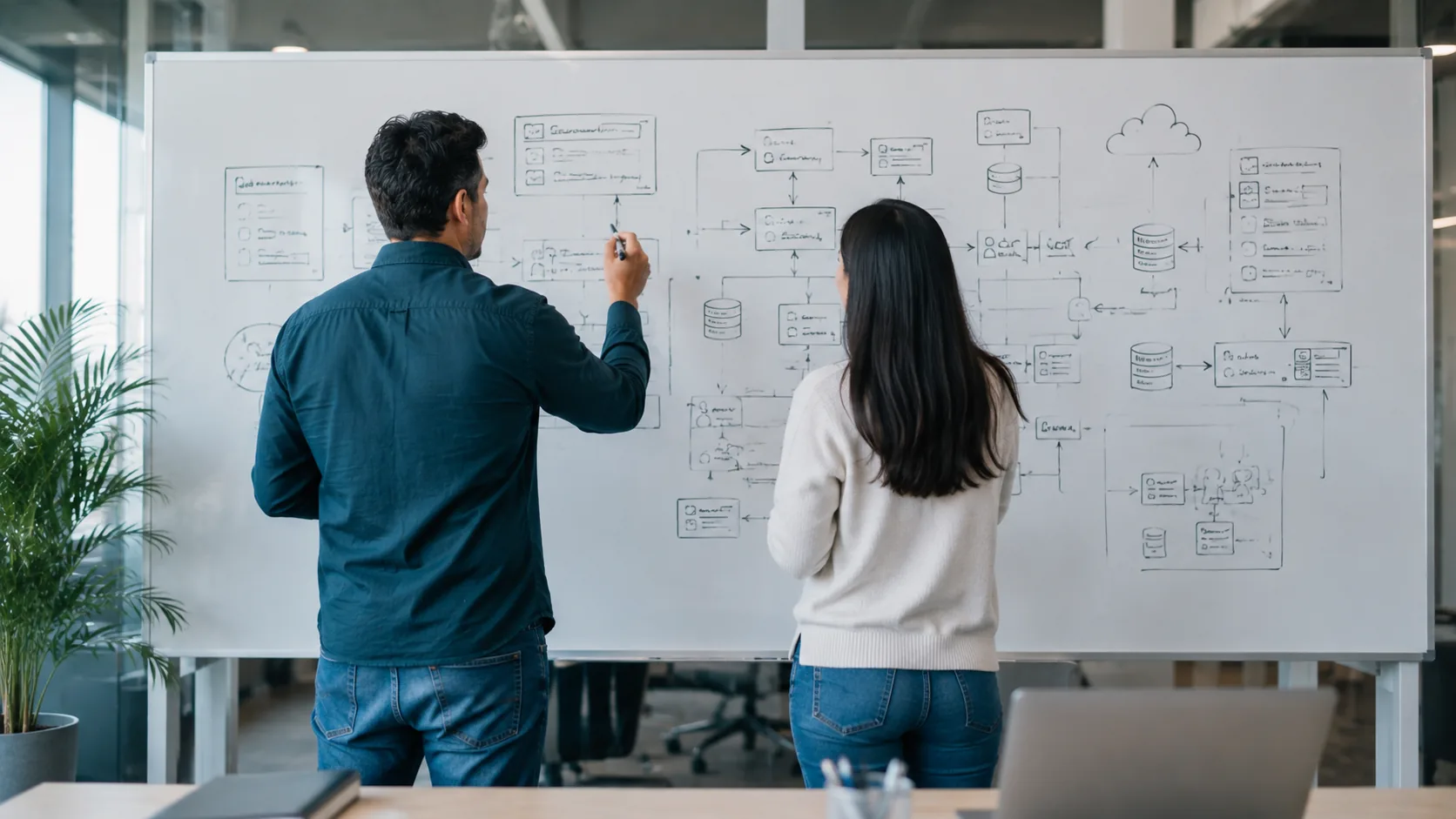 Diagrama técnico de arquitectura de software en una pizarra