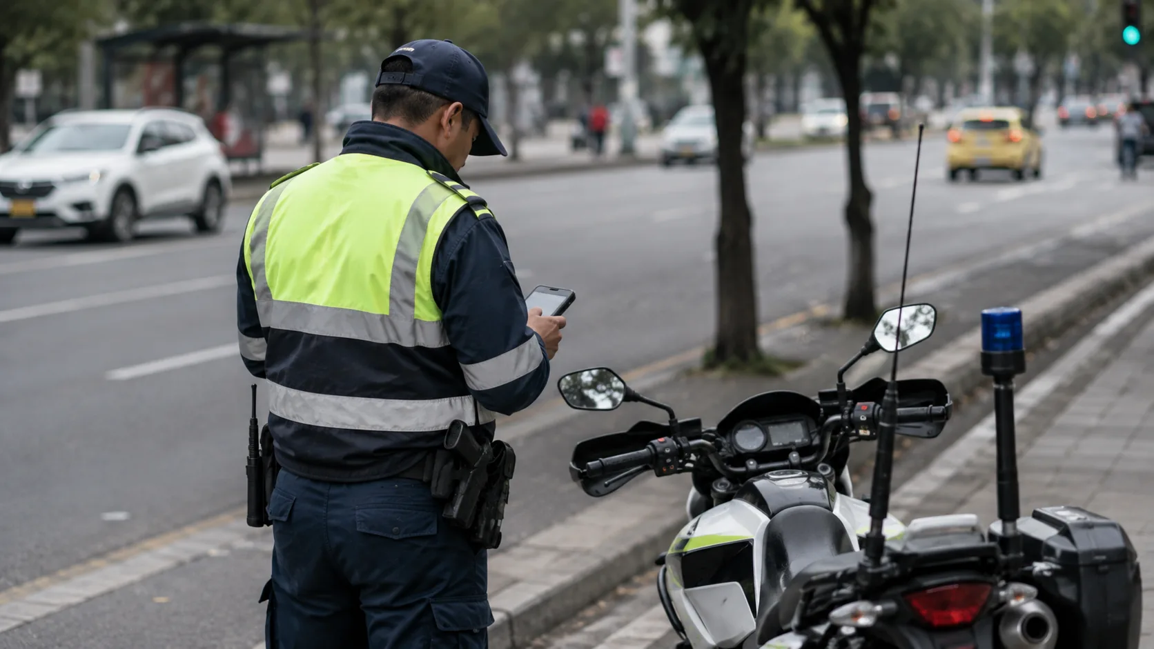 Agente de tránsito elaborando un comparendo