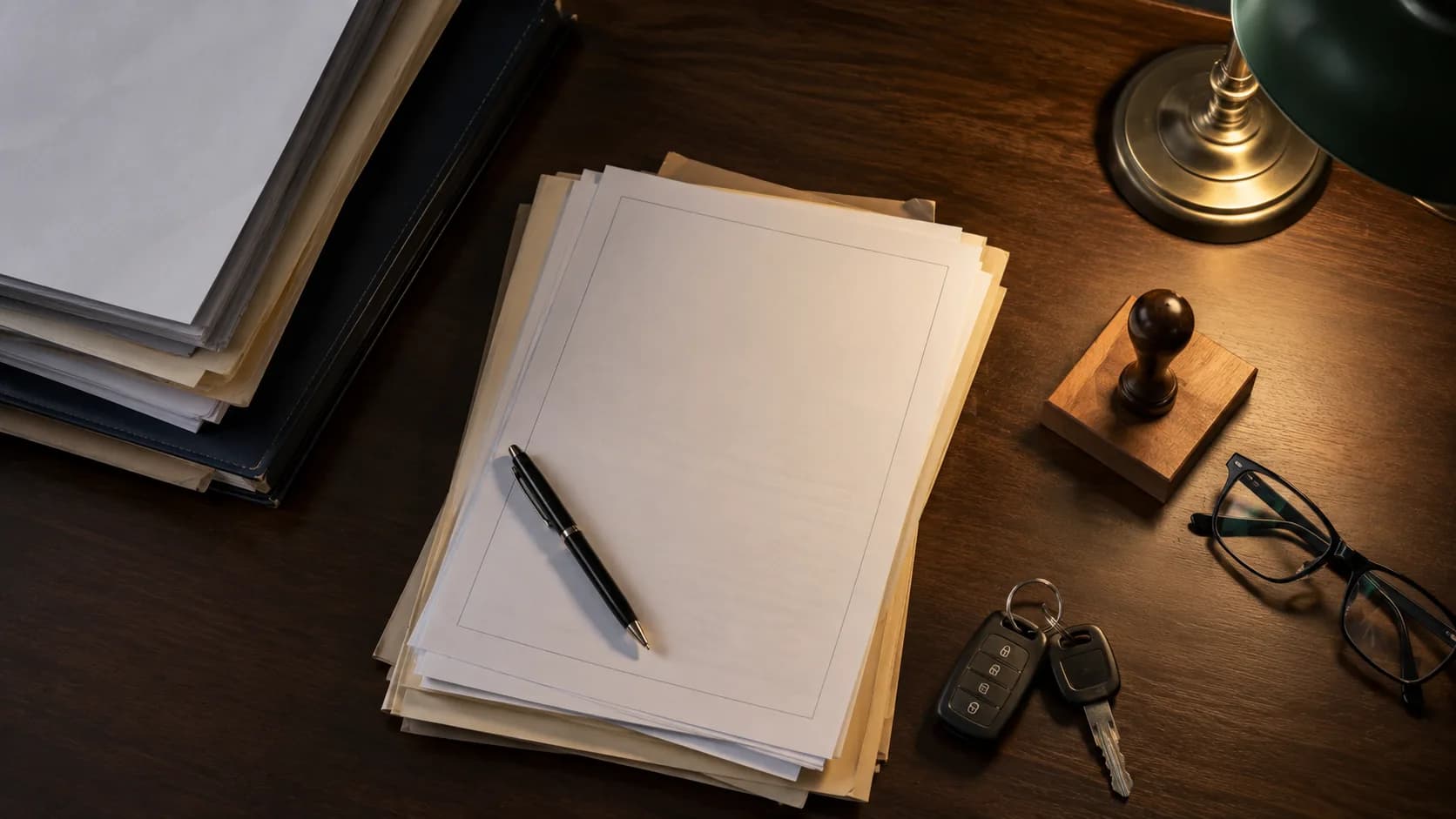 Documentos legales y llaves de un vehículo sobre un escritorio