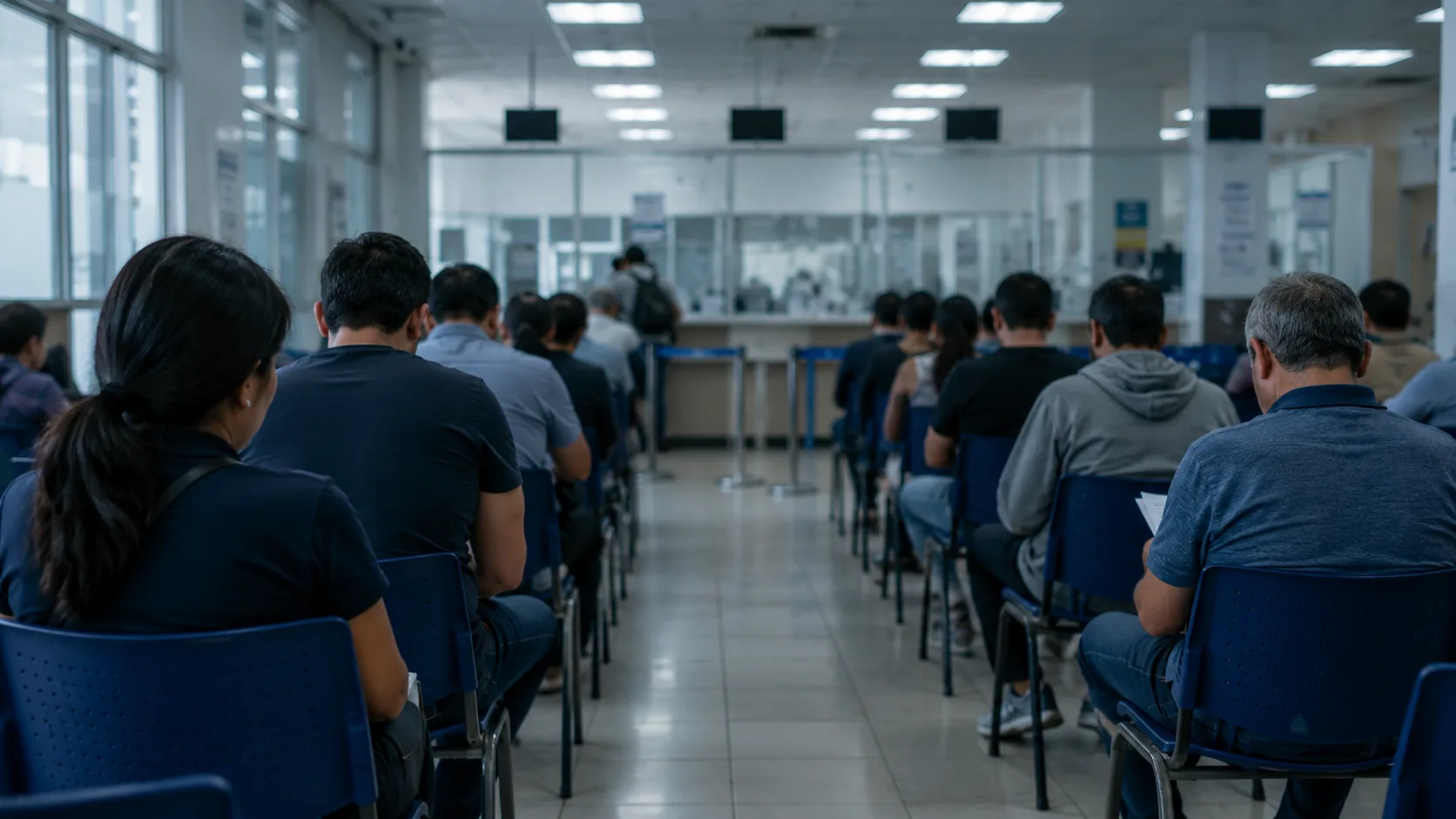 Fila de personas esperando atención en una oficina de trámites
