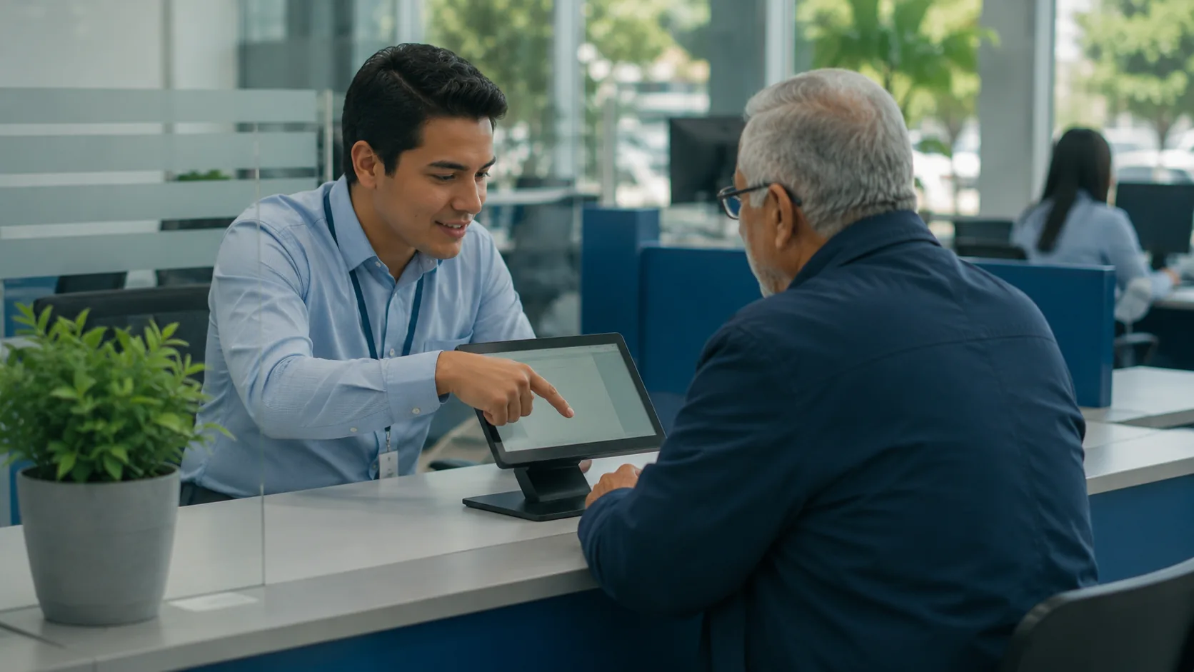 Funcionario atendiendo a un ciudadano en ventanilla con apoyo digital